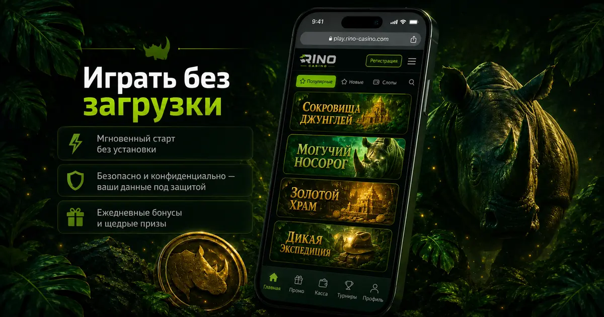 Адаптивная веб-версия площадки Рино Казино на экране смартфона в зелёно-чёрной гамме