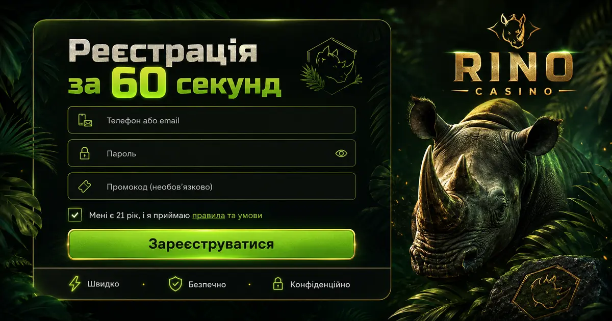 Форма створення акаунта на майданчику Rino Casino з полями телефону і паролю