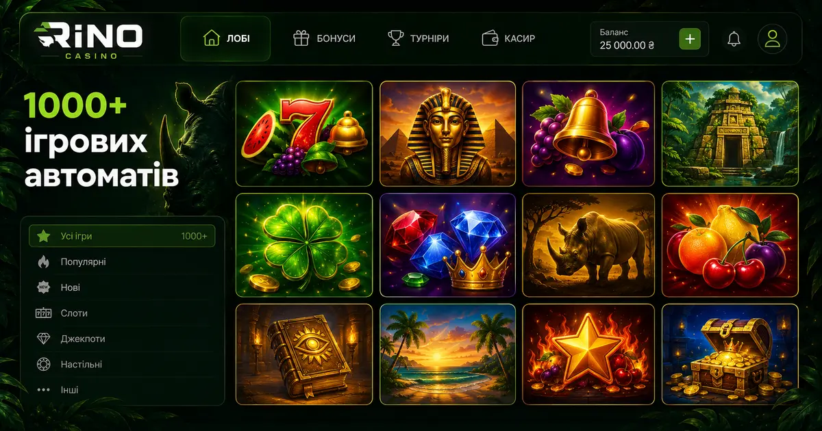 Плитки з відео-слотами у лобі бренду Rino Casino на темному фоні