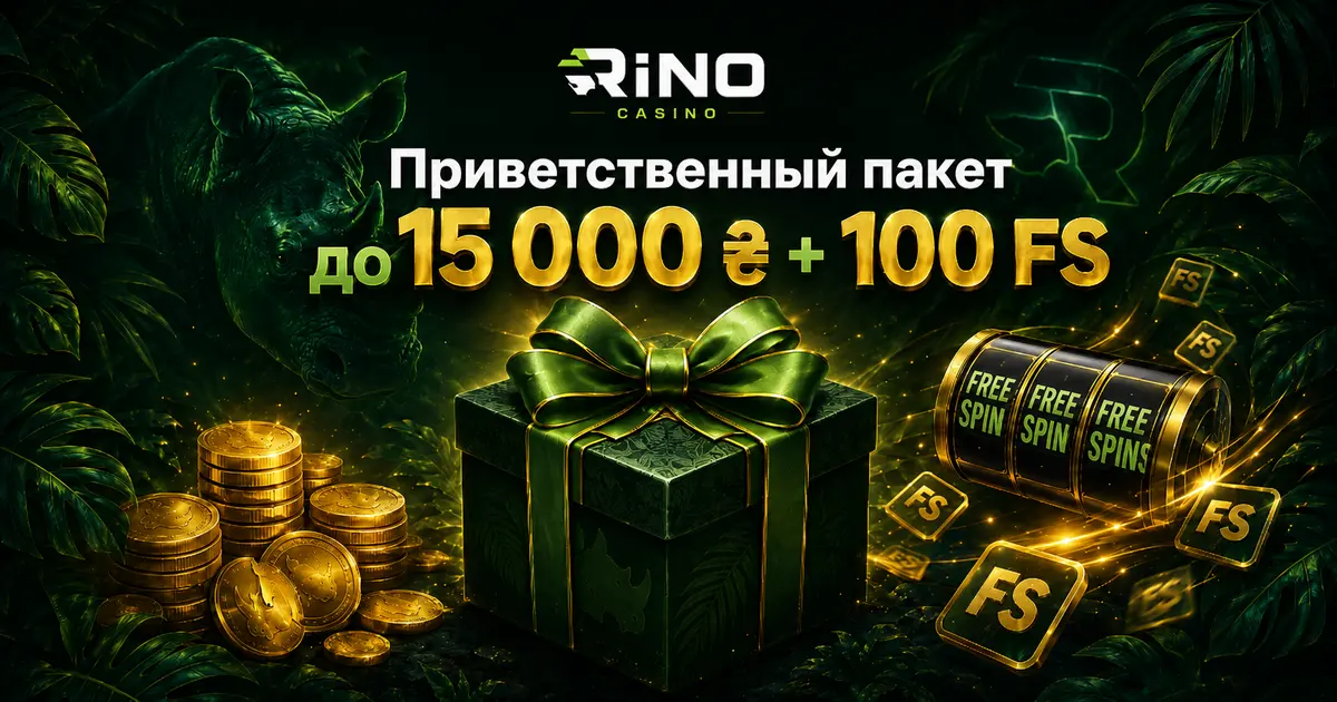 Визуализация приветственного пакета Рино Казино с подписью на 15 000 гривен и 100 вращениями
