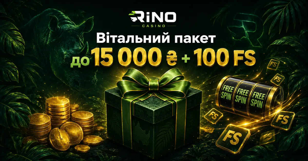 Візуалізація вітального пакета Ріно Казино з підписом на 15 000 гривень і 100 обертаннями